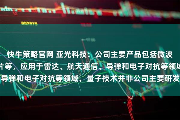快牛策略官网 亚光科技：公司主要产品包括微波电路及组件、器件、芯片等，应用于雷达、航天通信、导弹和电子对抗等领域，量子技术并非公司主要研发方向