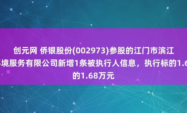 创元网 侨银股份(002973)参股的江门市滨江侨瑞环境服务有限公司新增1条被执行人信息，执行标的1.68万元