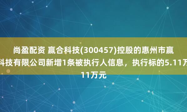 尚盈配资 赢合科技(300457)控股的惠州市赢合科技有限公司新增1条被执行人信息，执行标的5.11万元